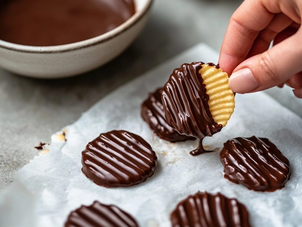 Hand dipping a ridged potato chip into melted chocolate, with chocolate-dipped chips drying on parchment paper."