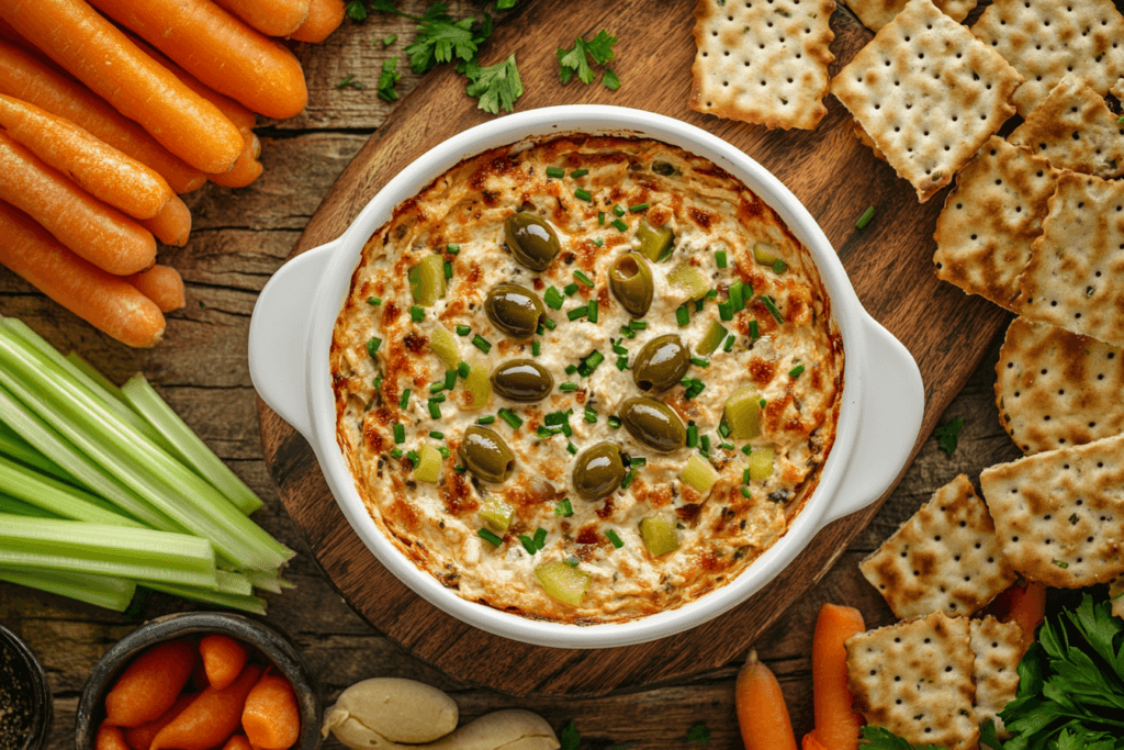 A bowl of dirty martini dip garnished with olives and chives, served with crackers, baguette slices, celery, and carrots on a rustic board.

