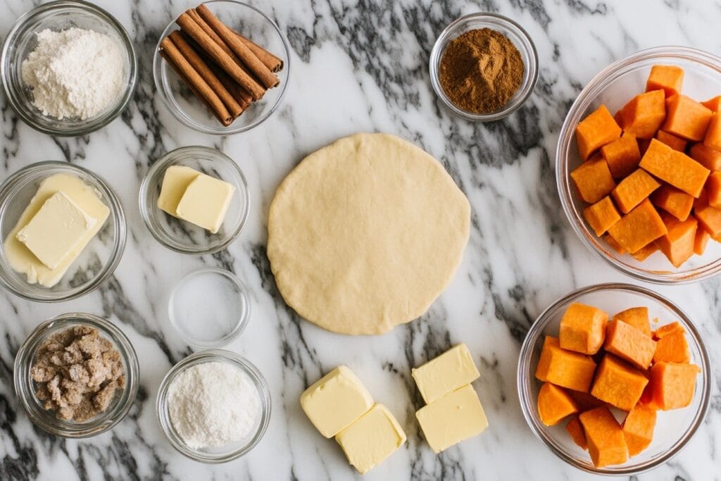 Flat lay of fresh sweet potatoes, cinnamon, nutmeg, brown sugar, vanilla extract, butter, and pie dough on a marble countertop.

