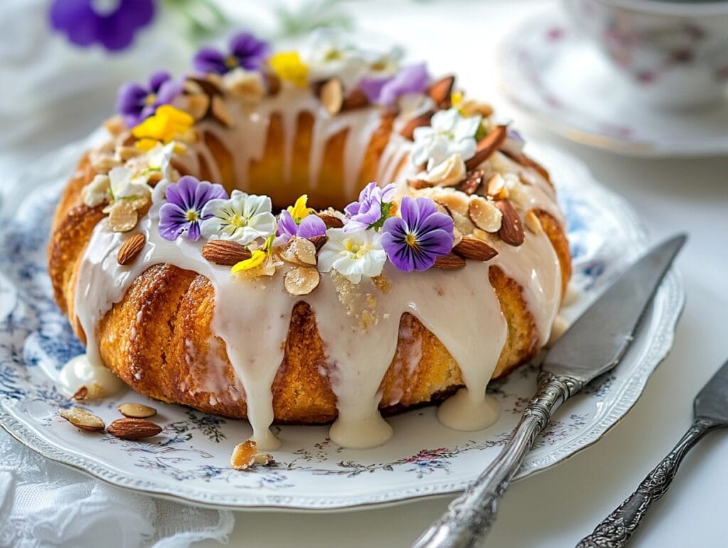 Decorated pastry ring with frosting, toasted almonds, and edible flowers on a ceramic platter.