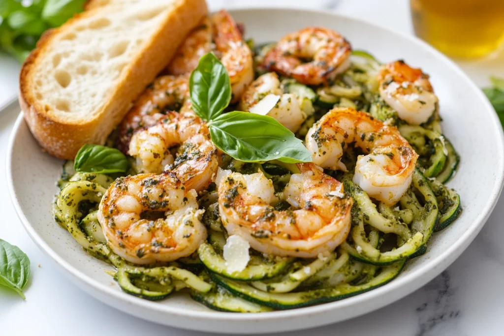 Plated pesto langostino zucchini noodles with Parmesan, basil, and garlic bread.