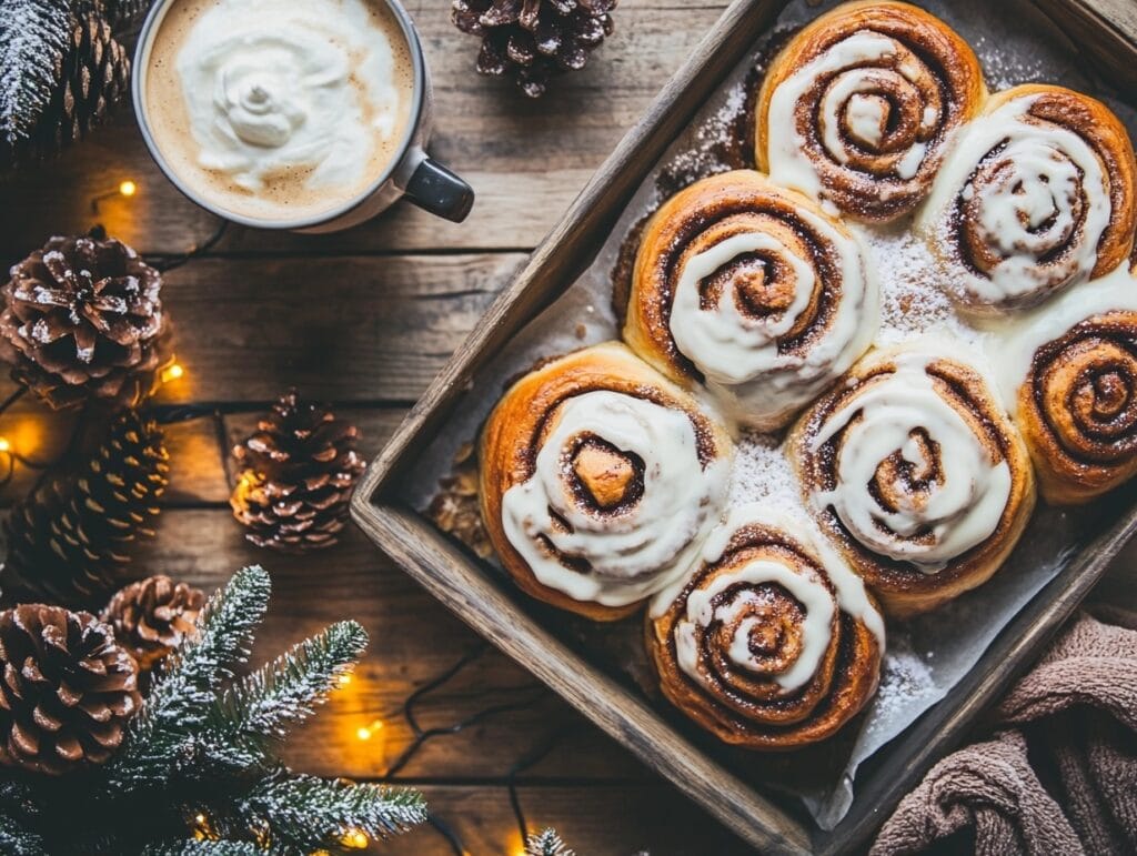 Warm cinnamon rolls topped with cream cheese frosting, placed on a rustic table with holiday decor.