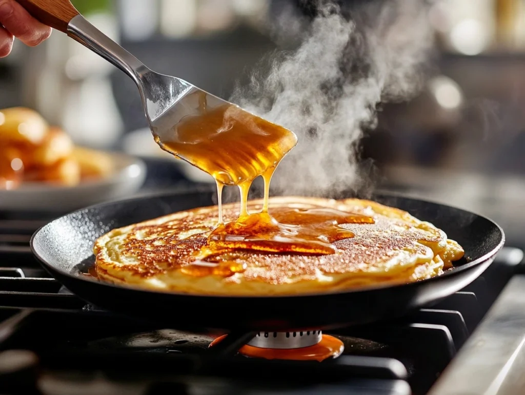 A pancake being flipped on a hot skillet with caramel drizzle in the background.carmel salt pancakes or waffle mix