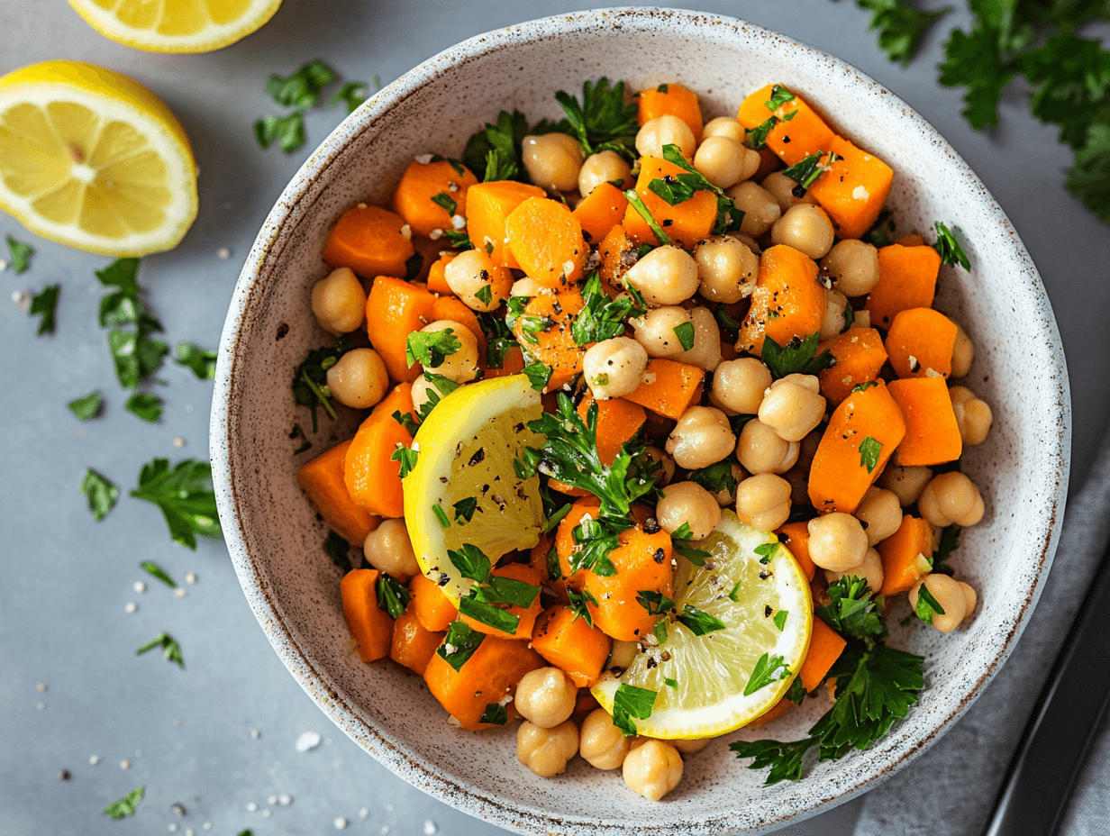 Fresh and vibrant carrot and chickpea salad with parsley lemon served in a rustic bowl, surrounded by parsley, lemons, and olive oil drizzle.