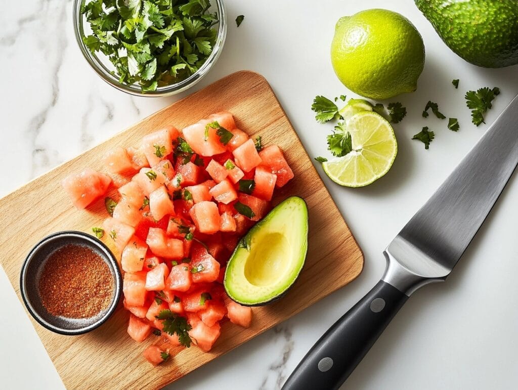 Fresh avocado, lime, cilantro, and ranch seasoning on a cutting board with a chef’s knife and citrus juicer.