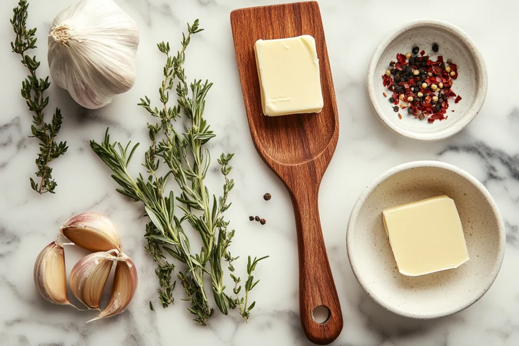 Ingredients for butter candle preparation, including butter, garlic, herbs, chili flakes, and a food-safe wick.
