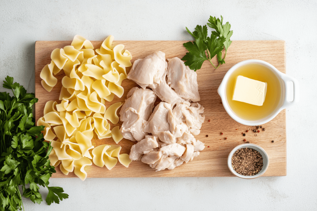 Fresh chicken, egg noodles, butter, cream of chicken soup, and seasonings displayed on a wooden cutting board.