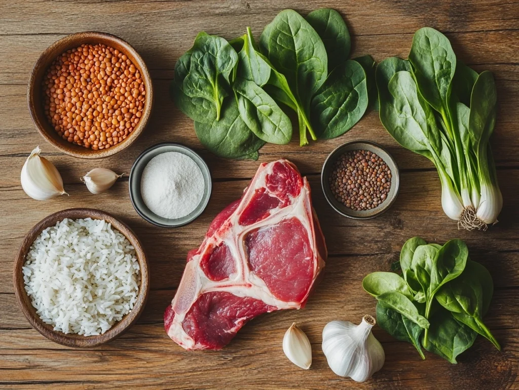 Fresh ingredients for Lebanese lamb lentils rice spinach recipe, including lamb, lentils, rice, spinach, and spices.