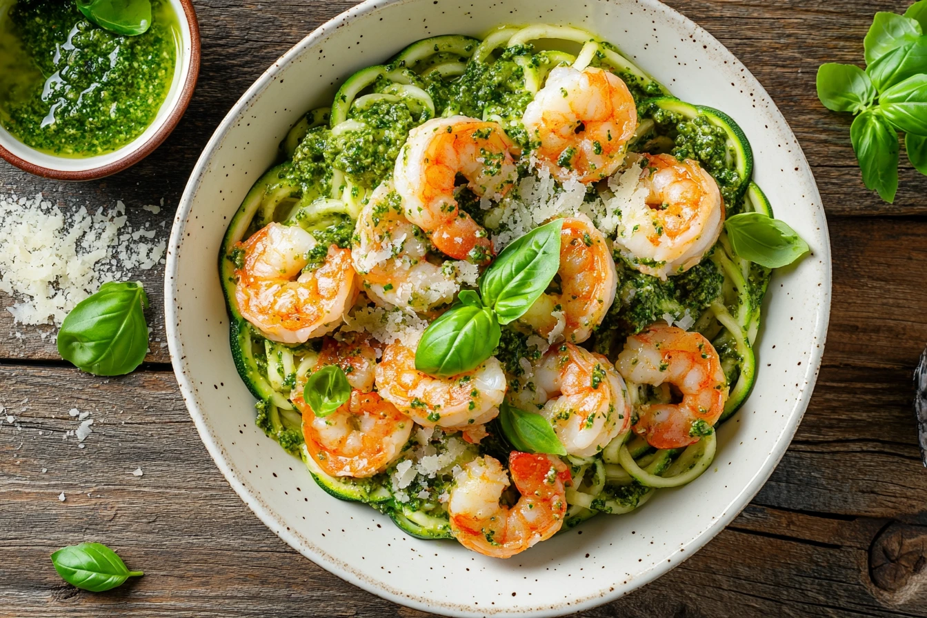 A bowl of pesto langostino zucchini noodles with Parmesan and basil on a rustic table.