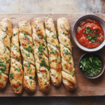 Golden Greek yogurt garlic breadsticks brushed with garlic butter, sprinkled with parsley, and served with marinara sauce on a wooden board.
