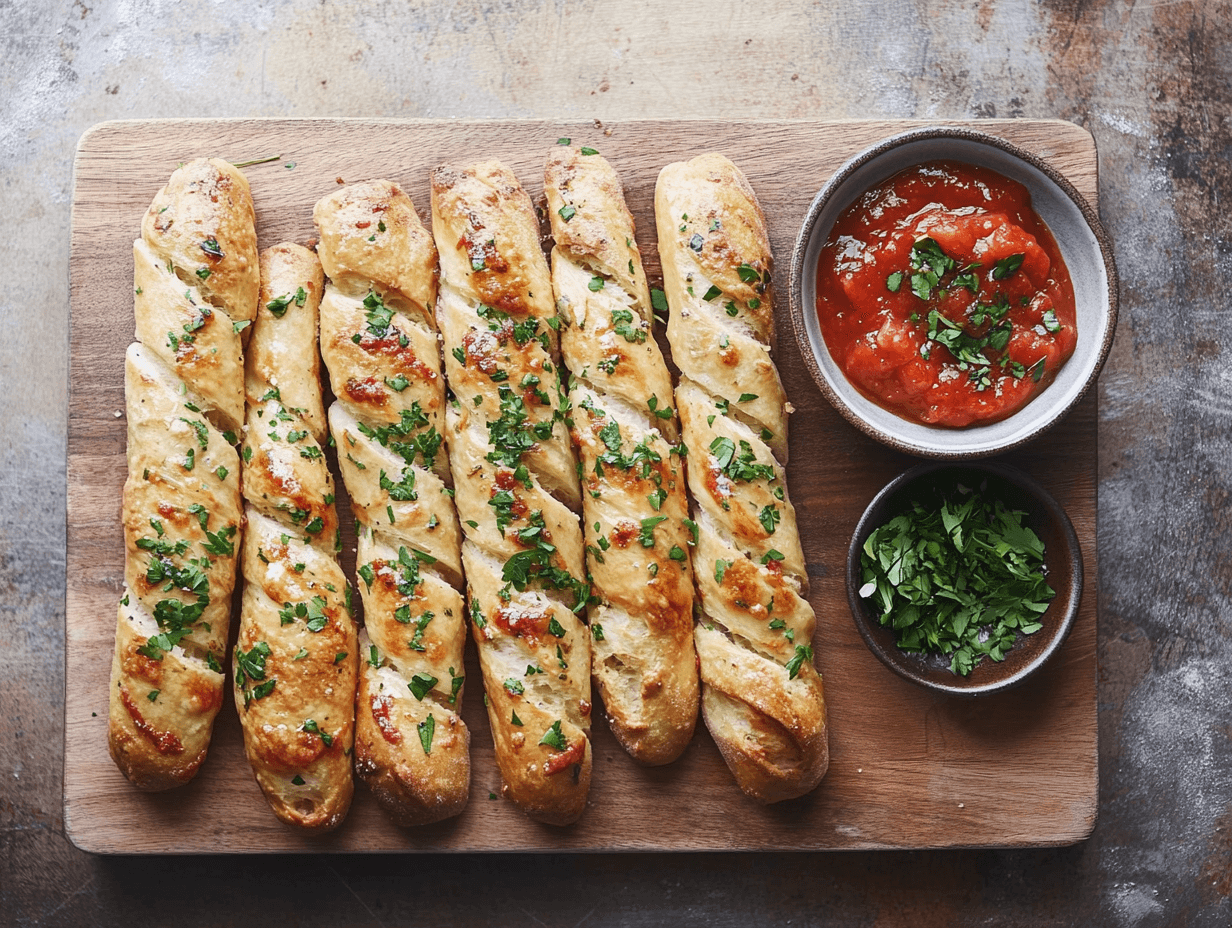 Golden Greek yogurt garlic breadsticks brushed with garlic butter, sprinkled with parsley, and served with marinara sauce on a wooden board.