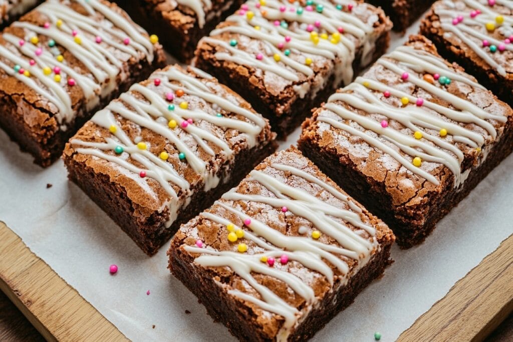 Close-up of freshly baked vanilla brownies with golden edges, drizzled with white chocolate glaze and garnished with sprinkles.