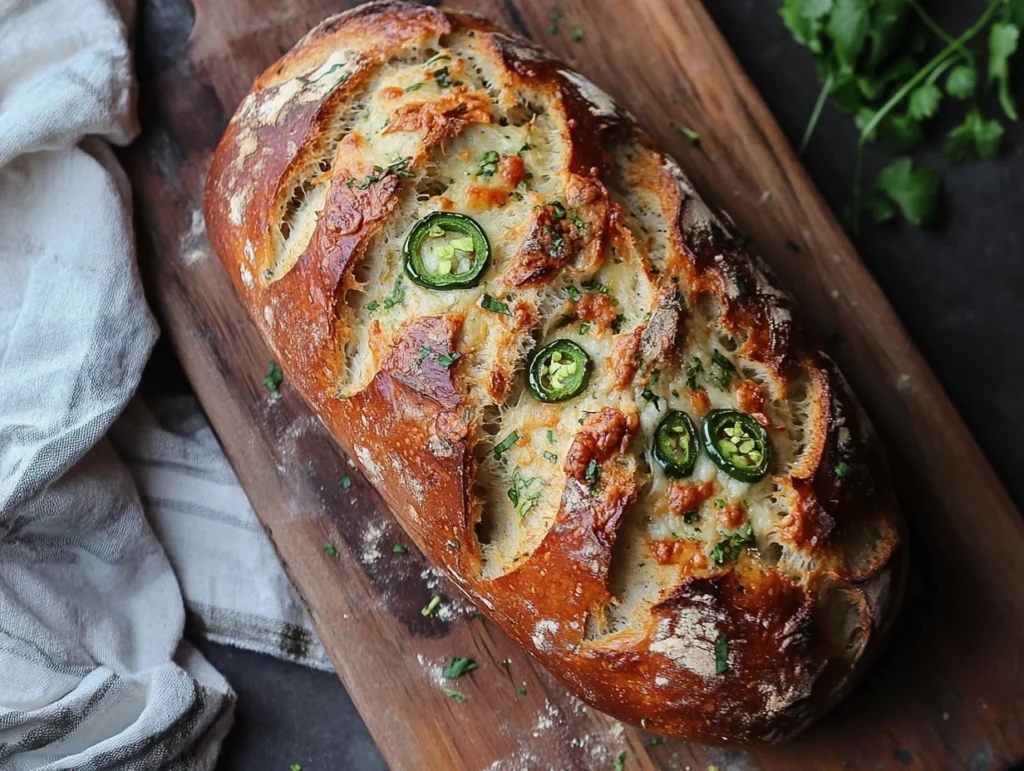 Freshly baked vegan jalapeño cheese artisan bread loaf with a golden crust, topped with melted vegan cheese and jalapeño slices on a cutting board.