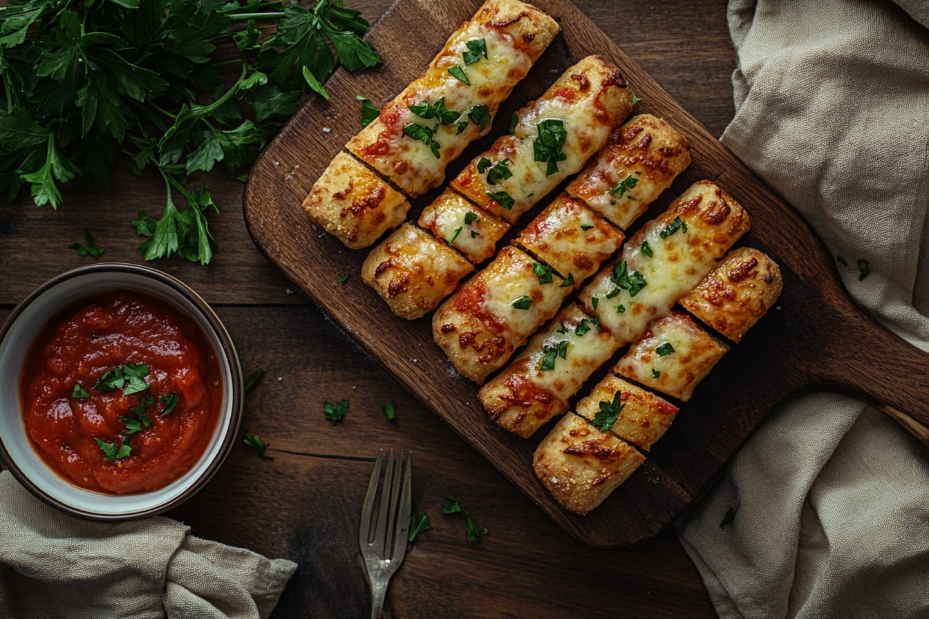 Golden-brown pizza sticks brushed with garlic butter, served with marinara sauce on a wooden board.