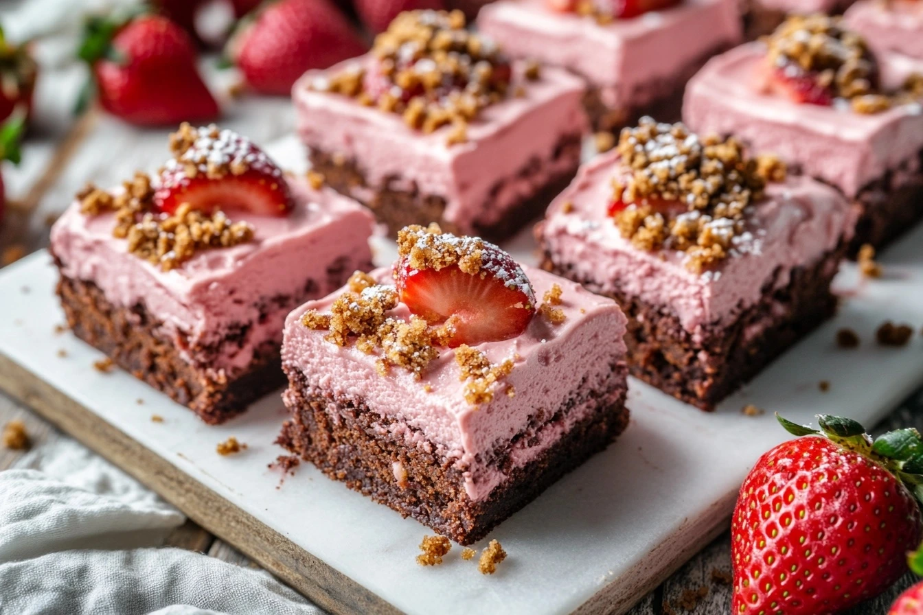 Strawberry crunch brownies with creamy frosting and crispy cookie crumble topping, arranged on a marble platter with fresh strawberries.