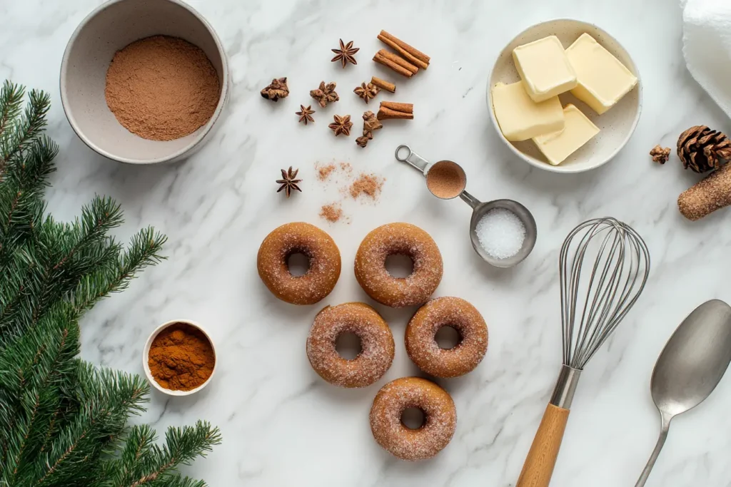 Fresh ingredients for gingerbread donuts, including molasses, spices, and cinnamon sugar, laid out on a marble counter.