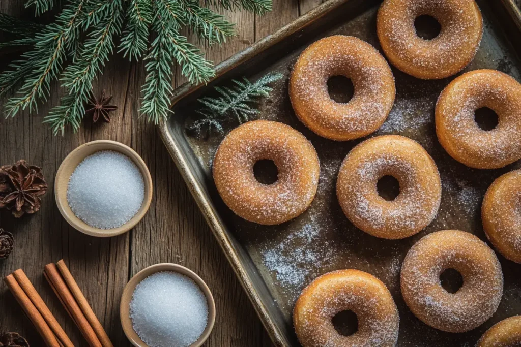 Freshly baked gingerbread donuts coated in cinnamon sugar, served on a rustic wooden tray with holiday-themed decorations.