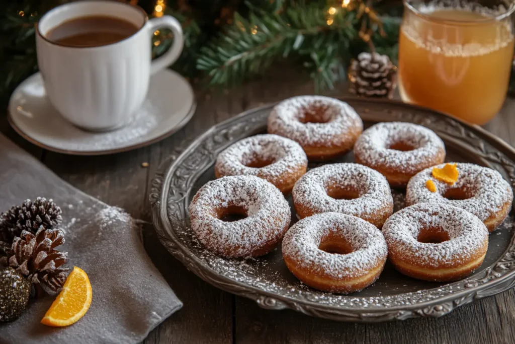 A festive tray of gingerbread donuts garnished with powdered sugar and orange zest, served with spiced cider.