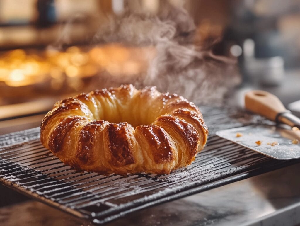 Freshly baked golden pastry ring cooling on a wire rack with a caramelized crust.

