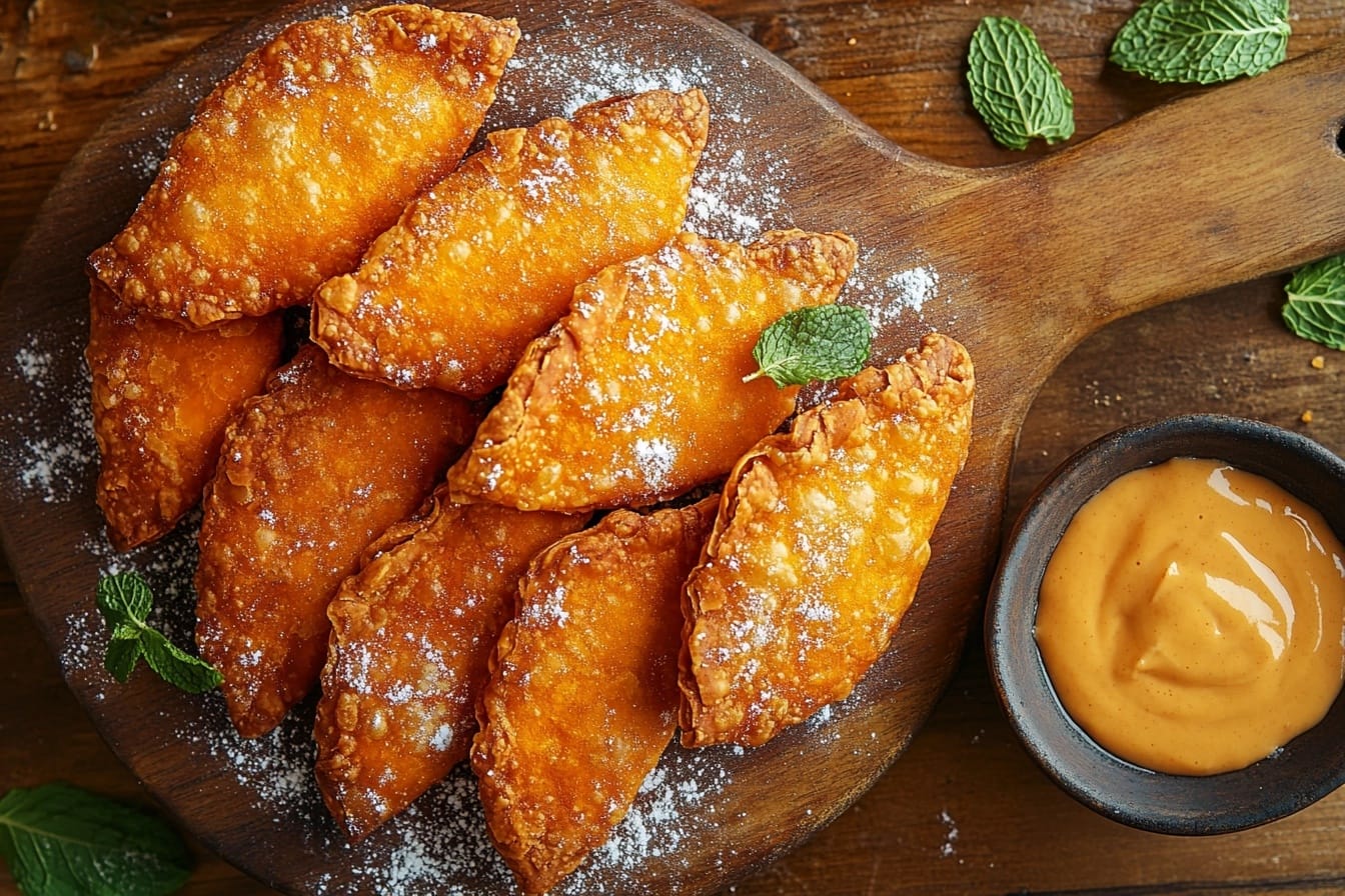 Golden fried sweet potato turnovers with a flaky crust, dusted with powdered sugar, on a rustic wooden board with vanilla glaze and mint leaves.