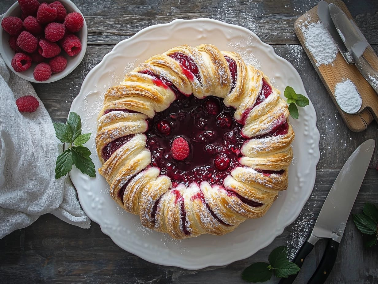 Golden pastry ring with frosting and raspberry jelly filling on a white platter, styled with fresh raspberries and powdered sugar.