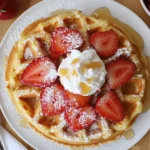 Close-up view of strawberry waffles topped with fresh strawberries, whipped cream, and syrup on a wooden breakfast table.