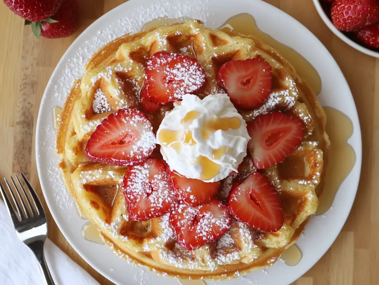 Close-up view of strawberry waffles topped with fresh strawberries, whipped cream, and syrup on a wooden breakfast table.