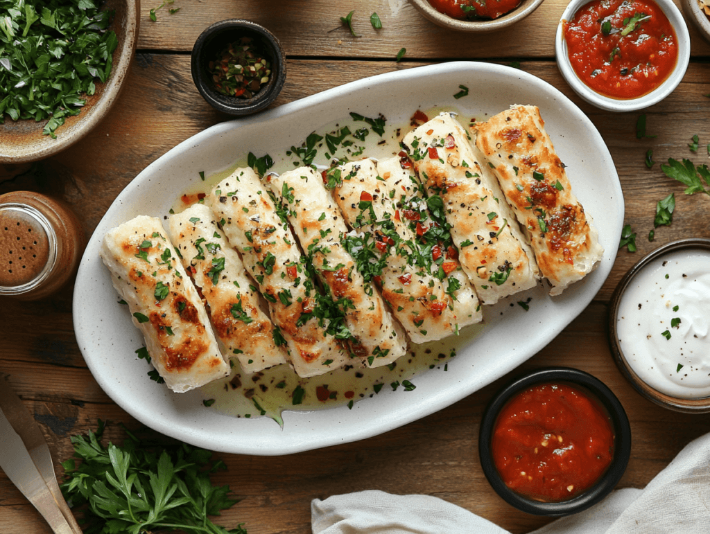 Plated Greek yogurt garlic breadsticks served with marinara and garlic butter, garnished with parsley.