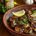 Close-up of grilled baby octopus with charred edges, garnished with fresh parsley and lemon wedges on a rustic plate.