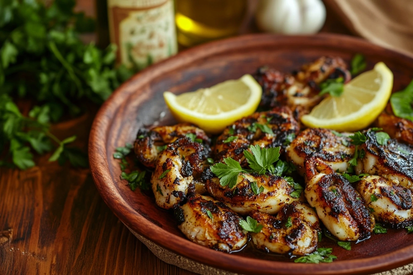 Close-up of grilled baby octopus with charred edges, garnished with fresh parsley and lemon wedges on a rustic plate.