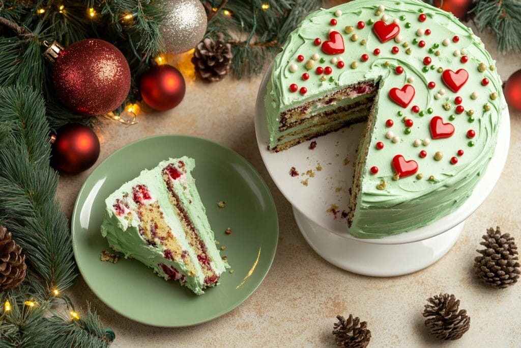 Grinch Cake with green frosting, red heart candies, and festive sprinkles on a white cake stand surrounded by Christmas decorations.