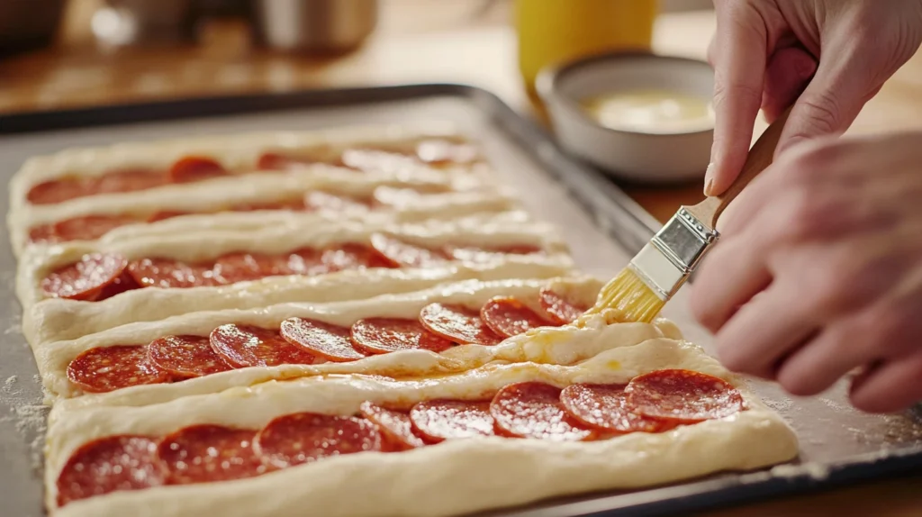 Hands wrapping pizza dough around mozzarella sticks and pepperoni slices on a baking sheet.


