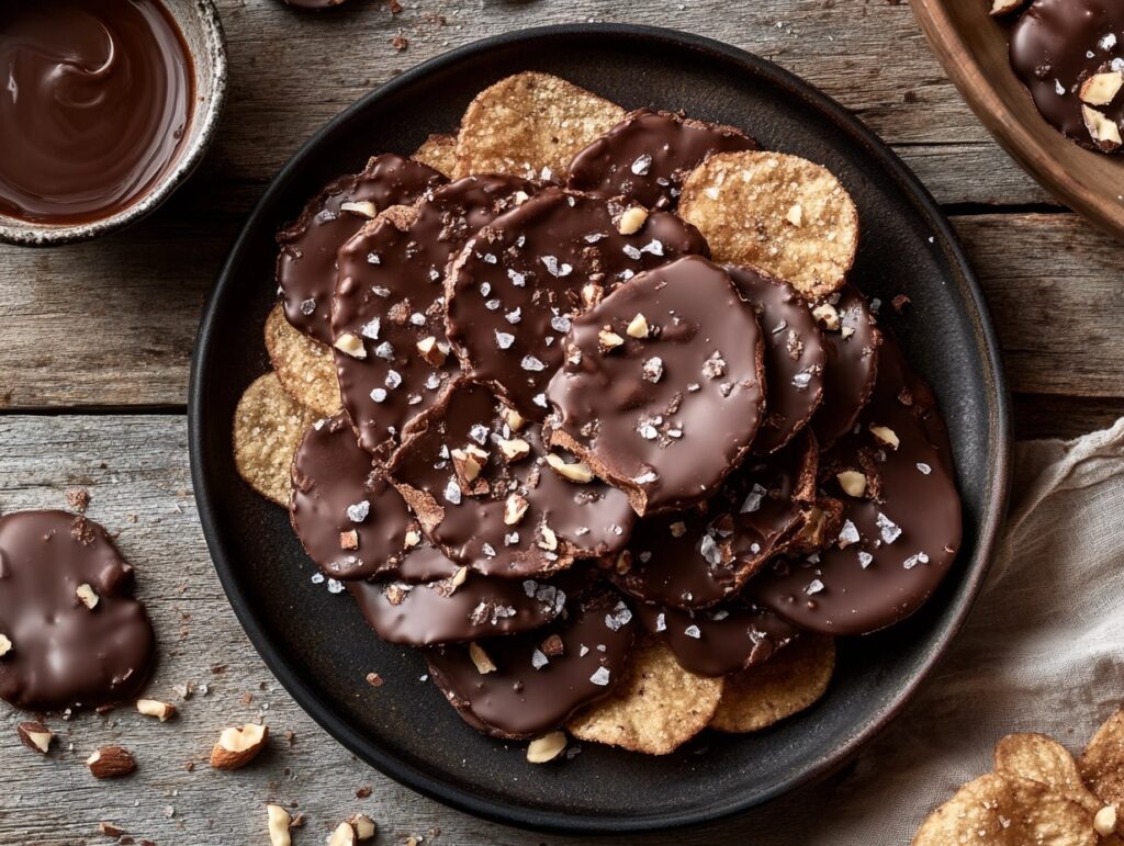 "Serving platter of chocolate-covered potato chips garnished with crushed nuts and white chocolate drizzle, perfect for holidays."