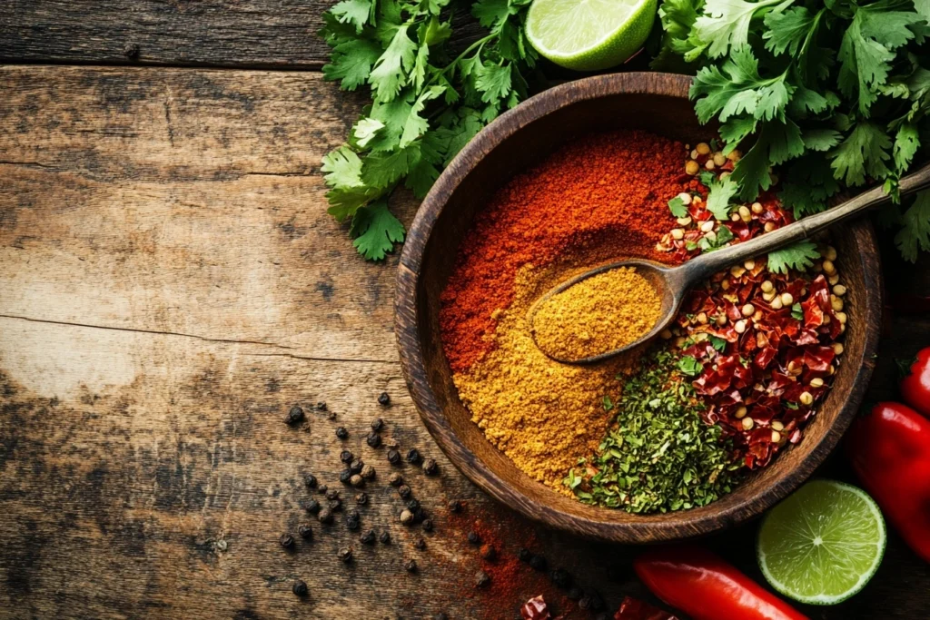 Homemade chicken taco seasoning in a wooden bowl with vibrant spices and fresh garnishes.