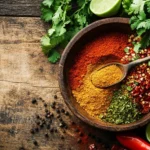 Homemade chicken taco seasoning in a wooden bowl with vibrant spices and fresh garnishes.