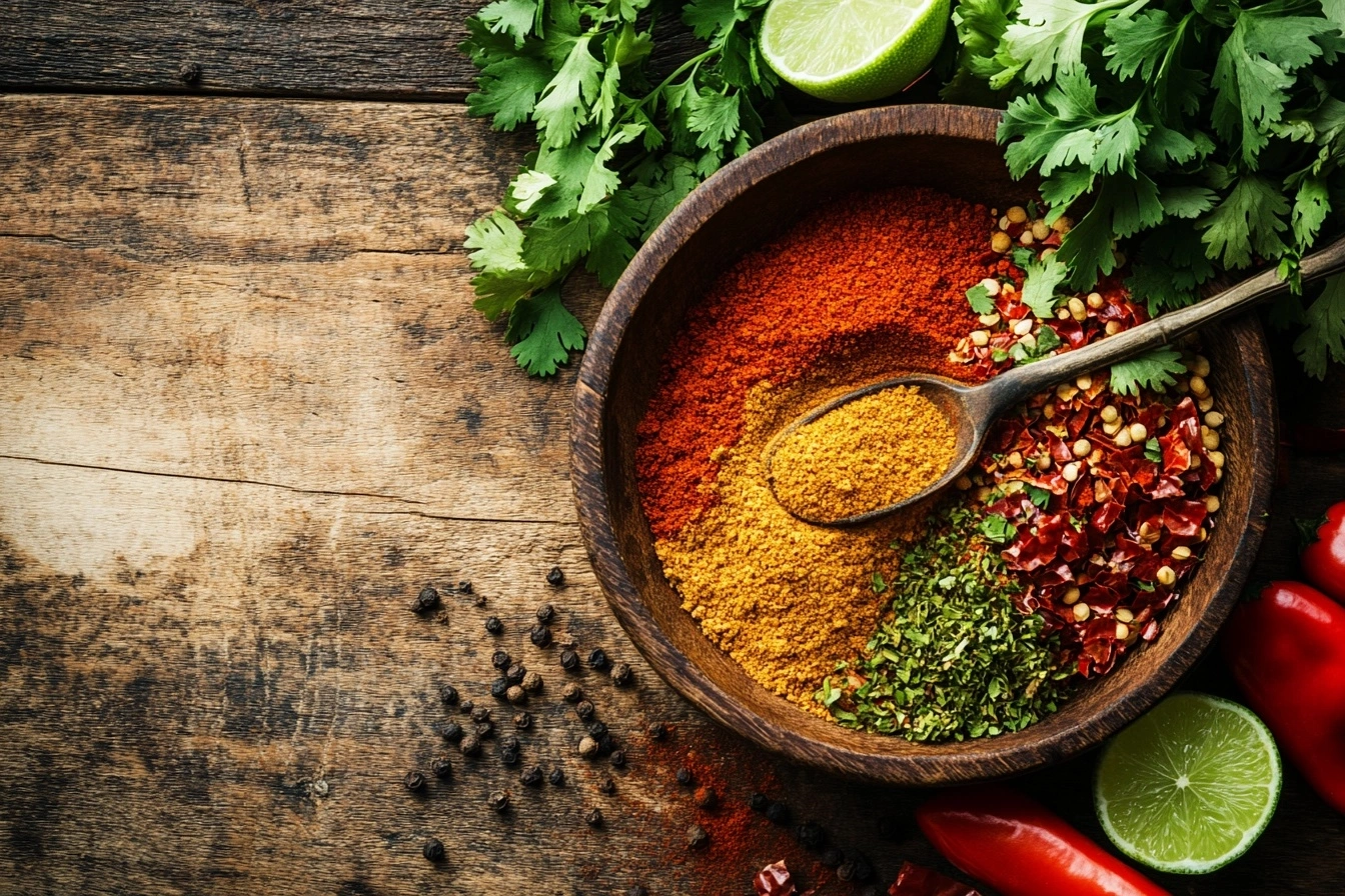 Homemade chicken taco seasoning in a wooden bowl with vibrant spices and fresh garnishes.