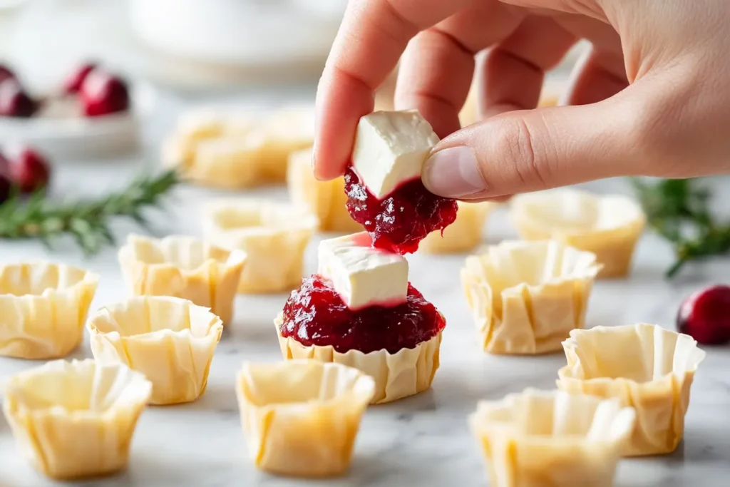 Hands assembling cranberry goat cheese phyllo cups with goat cheese, brie, and cranberry sauce.