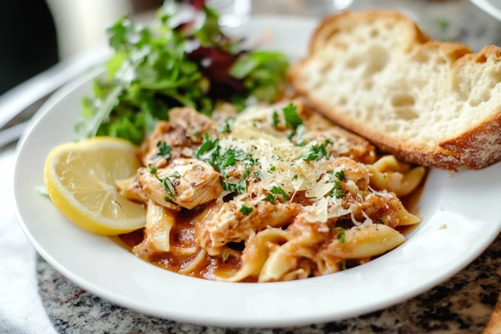 A plated serving of crockpot chicken pasta with parsley, Parmesan, and lemon zest, paired with garlic bread and salad.

