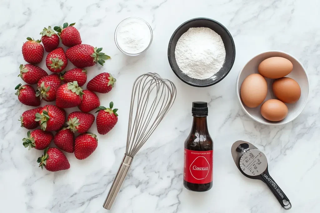 Flat lay of ingredients for strawberry waffles including fresh strawberries, flour, sugar, eggs, butter, and vanilla extract on a marble countertop.

