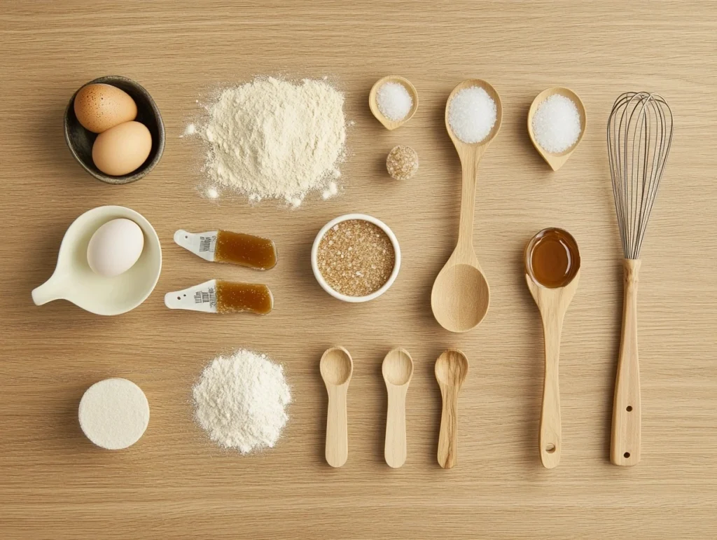 Ingredients forcarmel salt pancakes or waffle  mix on a rustic wooden table with measuring spoons and a whisk.