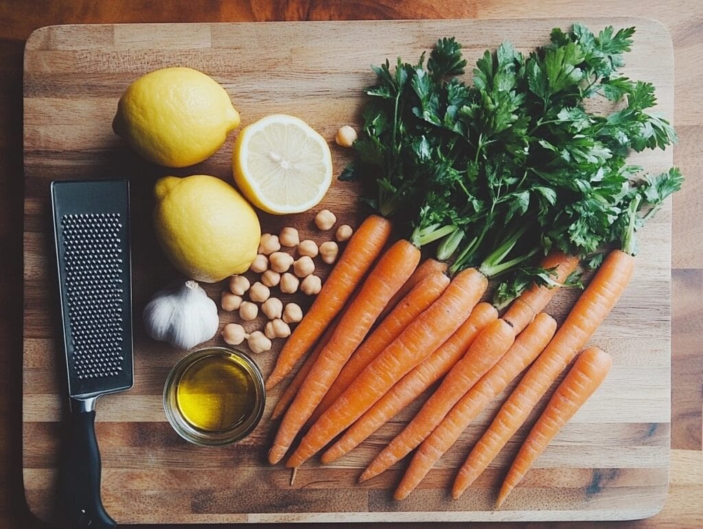 Fresh ingredients for carrot and chickpea salad with parsley lemon, including carrots, chickpeas, parsley, and lemons, on a cutting board.
