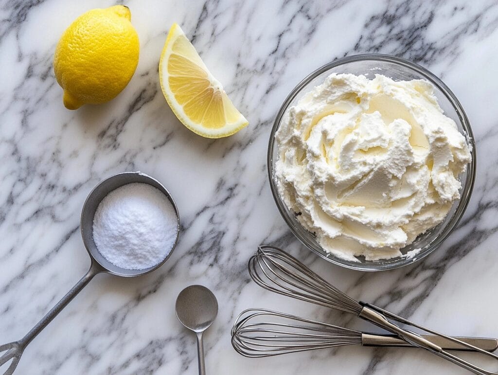 Key ingredients for cream cheese filling—cream cheese, powdered sugar, vanilla, and lemon wedge—arranged on a marble countertop.
