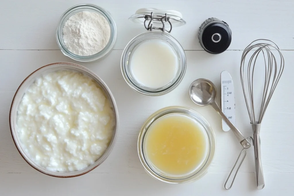 Easy kefir sheet cake ingredients arranged neatly, including kefir, flour, eggs, sugar, oil, and vanilla extract on a wooden countertop.

