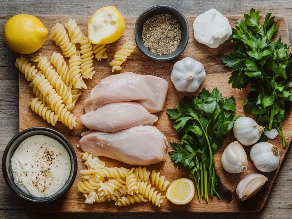 Ingredients for crockpot chicken pasta, including raw chicken, pasta, cheese, lemon, parsley, garlic, and seasonings.

