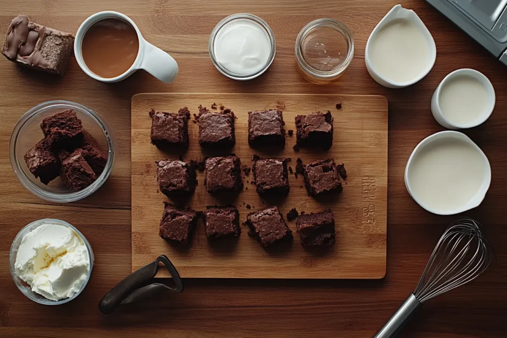 Flat-lay of ingredients for peanut butter brownie boudle cheesecake ice cream, including brownies, peanut butter, cream cheese, and heavy cream on a wooden board.

