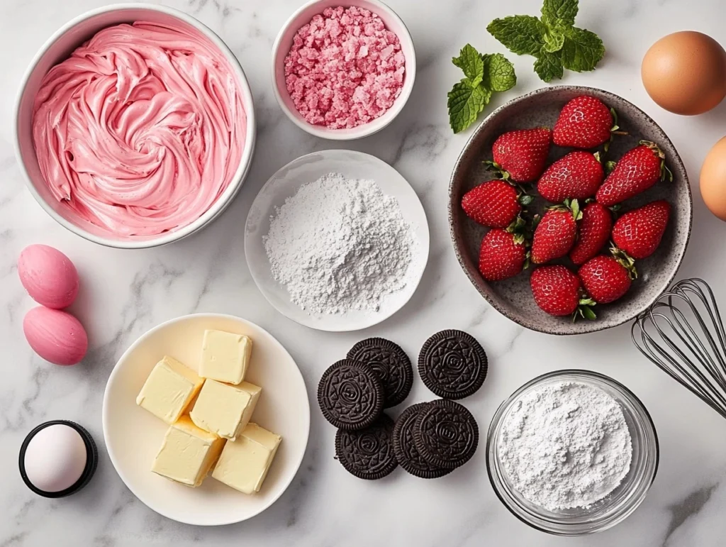 Ingredients for strawberry crunch brownies, including cake mix, cream cheese, Golden Oreos, and fresh strawberries, styled on a marble counter. How long does it take to make strawberry crunch brownies

