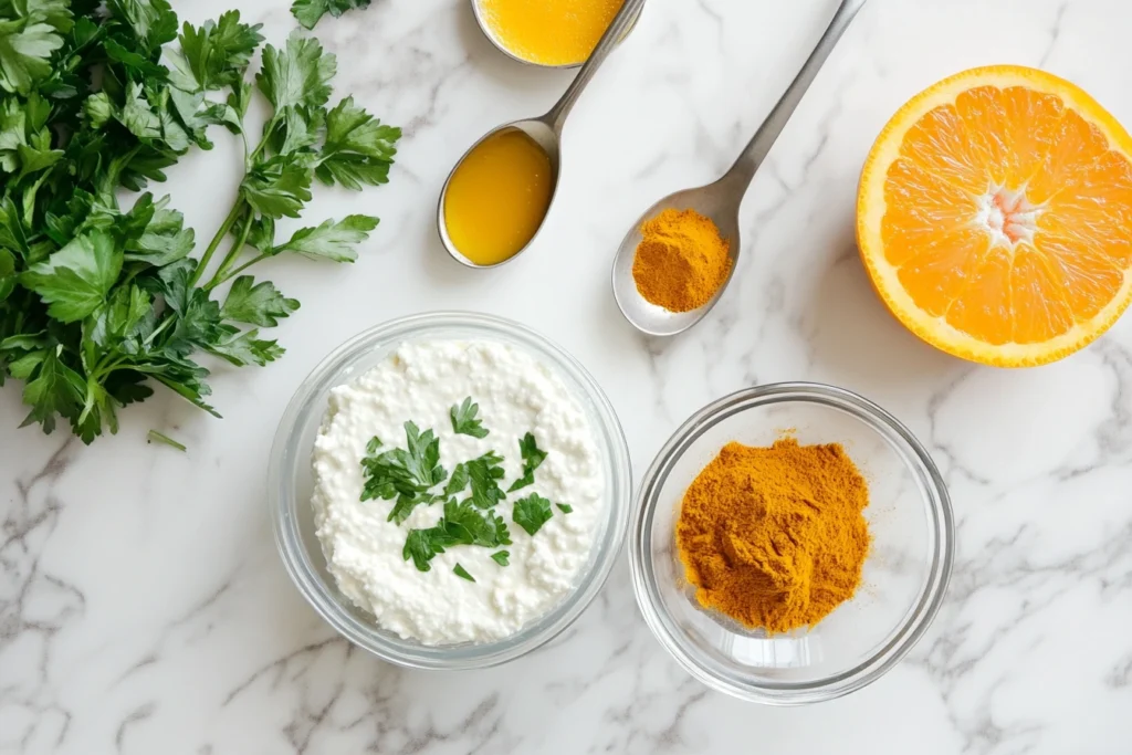 Ingredients for orange cottage cheese dip, including cottage cheese, orange, turmeric, honey, parsley, and cumin powder, arranged on a marble countertop.

