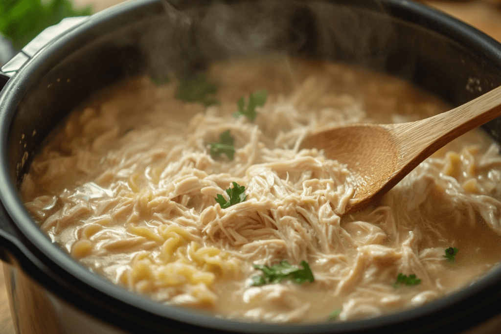 Shredded chicken, broth, and egg noodles being mixed in an Instant Pot with a wooden spoon.