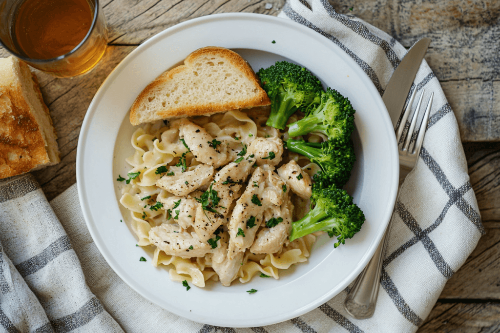 A plate of instant pot chicken and noodles with broccoli, garlic bread, and a glass of iced tea.