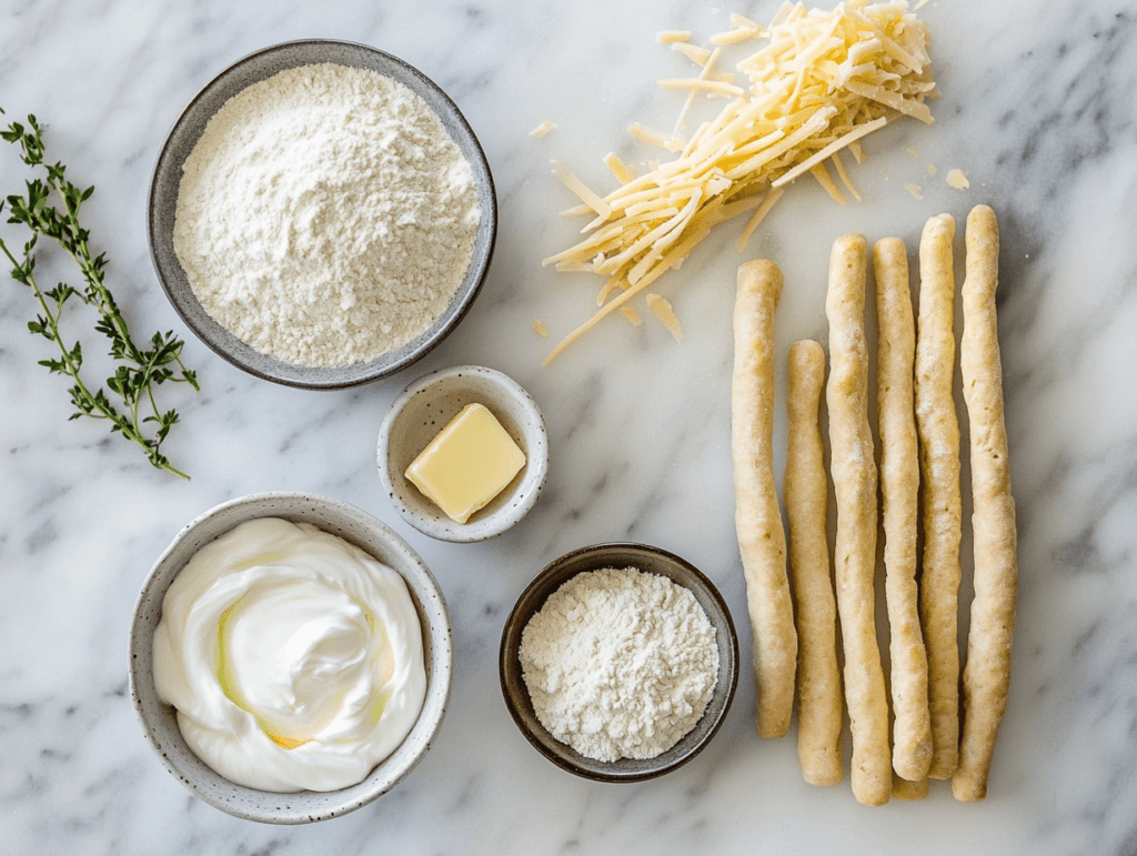 Ingredients for Greek yogurt garlic breadsticks, including Greek yogurt, self-rising flour, garlic powder, butter, and shredded cheese.